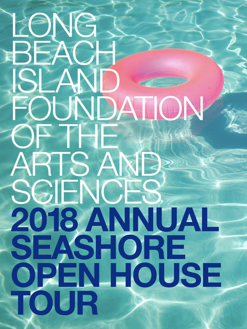 Cover for the Long Beach Island Foundation’s 2018 Annual Seashore House Tour featuring a pink pool float in clear blue water.