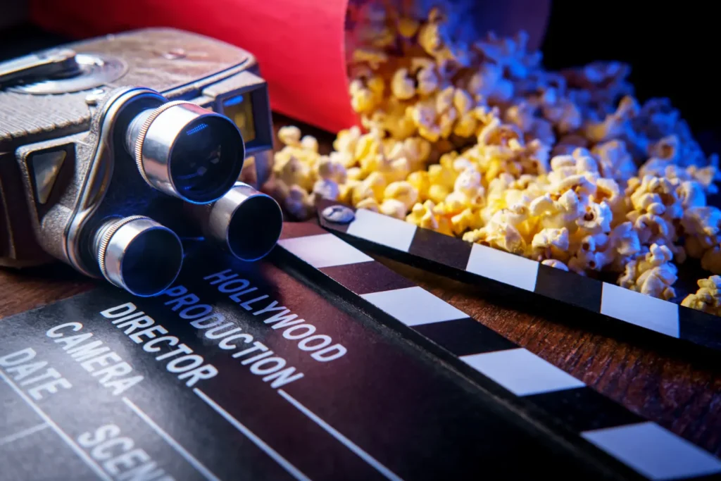 Vintage film camera and black clapperboard resting on a wooden surface beside spilled popcorn from a red container, evoking classic movie-going.