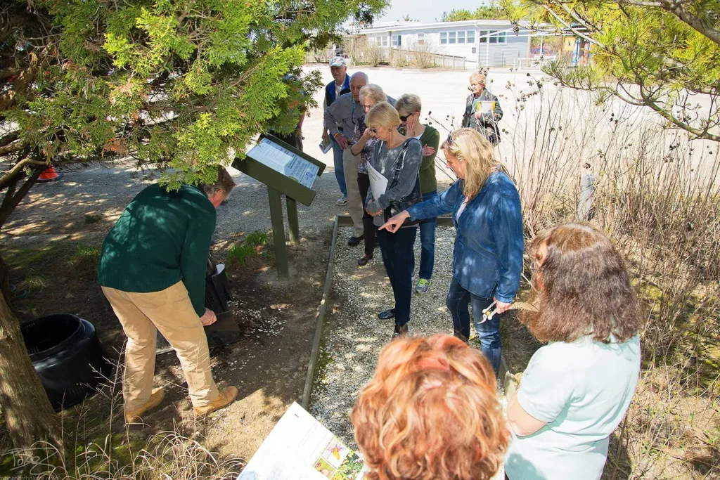 Visitors gather around the rain garden at the Long Beach Island Foundation of the Arts & Sciences, observing native plants and educational signage during an outdoor environmental program.